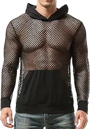 [NEAWEALY] Men's Fishnet Hoodie Shirt Mesh Tank Top See Through Muscle Sheer Shirt Workout Shirts Pullover with Pocket Long Sleeve Sweatshirt Sheer Loose Shirt for Club Gym Active