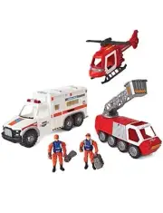 TRUE HEROES FIRE RESCUE PLAYSET, AMBULANCE W/LIGHTS & SOUNDS, FIRE ENGINE, NEW