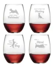 Susquehanna Glass Set of 4 Clever Canines Assortment Stemless Wine Tumblers
