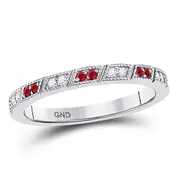 14k White Gold Round Ruby Diamond Milgrain Stackable Band Ring 1/4 Cttw