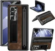 [XIMAND] for Samsung Galaxy Z Fold 6 Case with Slim S-Pen Holder & Capacitance Pen, Kickstand Premium Jazz Retro Leather Soft Touch Shockproof Hard Full-Body Screen Hinge Protection -Coffee