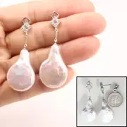 Genuine Diamonds & Baroque Coin Pearl 14kt White Gold Dangle Earrings TPJ
