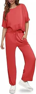 [Fisoew] Womens 2 Piece Outfits Sweater Sets Knit Split Crop Tops High Waisted Pants Lounge Set