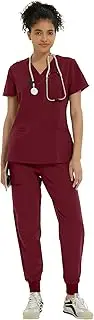 [Kitmaz] Medical Scrub Set For Women - Modern V-Neck Scrub Top & Slim Jogger Scrub Pants, 8 Pockets, Anti-Wrinkle