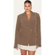 Plus Mushroom Cinched Waist Lapel Point Detail Blazer, Mushroom