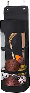 Large Hanging Basketball Bag Over the Door Heavy Duty Sports Equipment Organizer Mesh Pocket Zipper Design Rackets Balls Storage Bag Save Floor Space Room Door Hanging Sack with 2 Metal Hooks