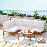Gardeon Outdoor Sofa 4 Seater Lounge Setting Table and Chairs, Wooden Patio Furniture Steel Modular Set Garden Pool Deck Backyard, Weather-Resistant Cushions with Side Corner Tables and Cushions