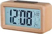 Digital Alarm Clock, Wooden Bedside Clock with Large LCD Backlit Display, Temperature, Snooze Function, Brightness Sensor, 3 AAA Battery Operated【Battery NOT Included】