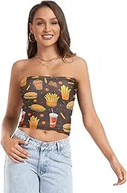 [RPLIFE] Colorful Fast Food Brown Summer Tube Tops, Strapless Crop Top, Sheer Tube Tops, Trendy Crop Tops (S)