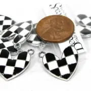 10 Double Sided Black & White Enamel Diagonal Heart Checkered Flag Silver Charms