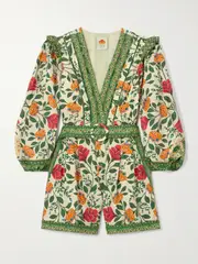 [Farm Rio] Farm Rio - Garden Tapestry Ruffled Belted Floral-print Cotton-poplin Jumpsuit - Green - x large x large Green