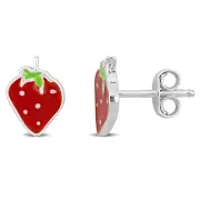 Amour Sterling Silver Red and Green Enamel Strawberry Stud Earrings