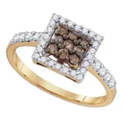 10kt White Gold Womens Round Brown Diamond Cluster Ring 1/2 Cttw