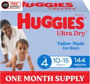 Huggies Ultra Dry Nappies Boys Size 4 (10-15Kg) 144 Count - One Month Supply (Pa