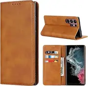 [Cavor] for Samsung Galaxy S22 Ultra 5G Case Cowhide Pattern PU Leather Book Wallet Magnetic Kickstand Flip Cover Phone Cases with Card Slots(6.8") -Light Brown