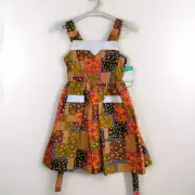 Vintage New Dress Girls 11 Yrs Cotton Autumn Patchwork Pinafore Ties Party Dress
