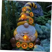 Garden Gnome - Solar Sunflower & Bee Gnome Figurine - 9 Inch Tall Honey Decor