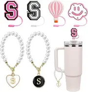 Buvizas 6PCS Compatible with Stanley Cup Accessories, 4PCS 0.4"/10MM Straw Cover Cap for Stanley Cup and 2PCS Pearl Letter Charms for Stanley Cups 30&40 Oz, Straw Toppers for Stanley Cups (Pearl S)