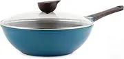 [Neoflam] Eela 12'' Non Stick Chef's Wok with Glass Lid, Stir Fry Pan and POFA-Free Ceramic Coating for Cooking Saute Vegetables, Meat, Fish, 12 inch, Deep Blue (Handle Assemble Required)