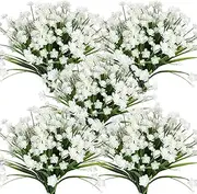 KLEMOO Artificial Flowers Fake Outdoor UV Resistant Boxwood Plants Shrubs, Faux Plastic Greenery for Indoor Outside Hanging Planter Home Office Wedding Farmhouse Decor 8 Pieces Bundle White