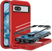 for Google Pixel 8a Case with [2 Pack] HD Screen Protector, [Military-Grade] Shockproof Dust/Drop Proof 3-Layer Full Body Protection Heavy Duty Case for Pixel 8a, Red