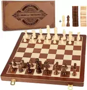 15" Magnetic Wooden Chess and Checkers Set, 2-in-1 Folding Board for Kids Adults