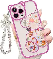 IAIYOXI for iPhone XR Case with Cute Flowers Bear Pattern, Camera Protector, Clear Phone Case and Lovely Strap Bracelet Chain, Compatible for iPhone XR for Girls Women (Purple)