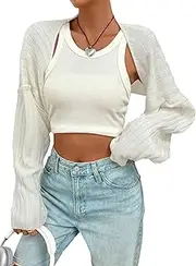 [WDIRARA] Women's Open Front Drop Shoulder Rib-Knit Long Sleeve Cropped Cardigan Shrug