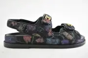 Chanel 21A Black Denim Graffiti CC Logo Mule Slide Strap Flat Dad Sandal 37.5