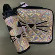 JUSTICE CAT LUNCHBOX & WATER BOTTLE GOLD SHIMMERING IRIDESCENT SUPER CUTE!!