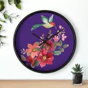 Hummingbird Flowers Wall Clock, Silent Clock, Floral Clock, Purple clock