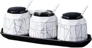 Ceramic spice jar， Pot Set Spice Container with Ceramic Spoon with Lid and Tray 380ml Sugar Bowl Seasoning Pot Condiment Pots Can