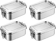 4 Pcs Leak-Proof Lunch Box 550ml Stainless Steel Bento Lunch Food Box Container with Stainless Lid Lunchbox with Compartments Large Single Layer Rectangular Lunchbox for Work, School(Color:Silver)