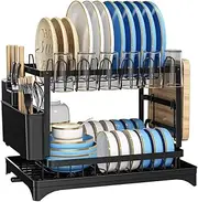 SHENMAIDAY Dish Drying Rack, Multifunctional 2-Tier Dish Drying Rack, Stainless Steel Dish Rack with Drain Board, Suitable for Kitchen Countertops, Kitchen Storage Rack for Dishes/Cups/Cutting Boards