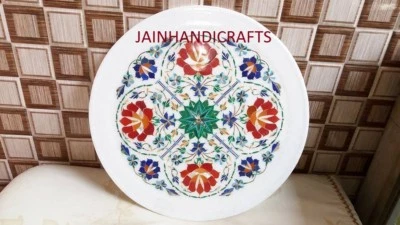 13" Antique Marble Round Serving Plate tray makrana Mosaic Inlay Decor Art JL