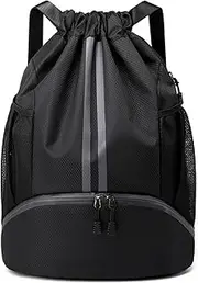 Sports Drawstring Backpack, Gym Bag with Water Bottle Holder Pockets, Shoe Compartment, Waterproof Pocket, Drawstring Bag