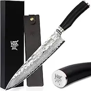 YOUSUNLONG Chef's Knife 10 inch Gyutou Knives Japanese Damascus Steel Natural Ebony Handle with Leather Sheath