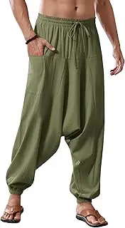 [Runcati] Mens Harem Pants Baggy Hippie Casual Cottn Linen Loose Boho Yoga Beach Drop Crotch Trouser