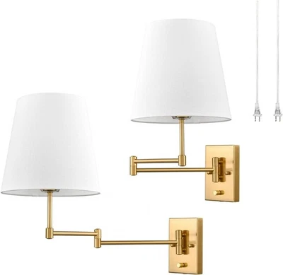 HYDELITE Gold Swing Arm Wall Lamp Brass Wall Sconces with Linen Shade