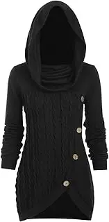 [Generic] Old School Sweater Hooded Collar Sweater Women Heap Plus Solid Color Knitted Irregular Button Size Women's Blouse Girls Sweatshirt