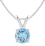 [Angara] Natural V-Bale Round Aquamarine Solitaire Pendant Necklace in Sterling Silver/14ct Solid Gold for Women | March Birthstone Jewellery for Her