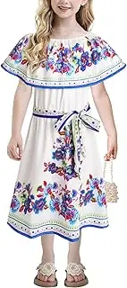 [ACOSAP] Mexican Dress for Girls Cinco De Mayo Fiesta Dresses Summer Floral Sundress for Toddler Kids Girls, Blue White, 5-6 Years