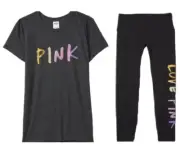 XL VICTORIAS SECRET PINK BRUSHED SHINE LOGO CAMPUS TEE SHIRT & LEGGING SET 2PCS