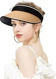 [GLAITC] Wide Brim Straw Hat, Sun Hat Women Rollable Sun Visor Hat Uv Protection Ca Beach Sun Straw Hat Foldable Summer Topless Sunhats for Golf, Tennis, Hiking, Running, Ttravelling, Camp
