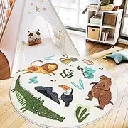 Round Rug, Cute Animals Large Non Slip Super Soft Plush Area Rug for Kids Room Playroom Nursery Bedroom, Educational Washable Circular Floor Mat for Home Room Decorative 100 X 100cm (White)