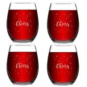 Christmas Gifts - Set of 4 Cheers Christmas Wine Glasses with White Stars, Ch...