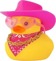 wonuu Car Rubber Cowboy Duck, Yellow Ducks Decoration Dashboard with Cowboy Hat Necklace Sunglasses, Pink