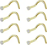 [KaseStyle] 8PCS G23 Titanium Twist Screw Nose Studs 18G 20G Nose Rings 2mm 2.5mm 3mm Clear Pink Purple Aurora CZ Gold Nose Piercing Studs Nostril for Women Men Gilrs Boys