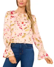 CeCe Printed Smocked Cuff Crewneck Blouse