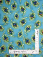 Loralie Designs Pretty Peacock Feathers Toss Turquoise Cotton Fabric 29" Length